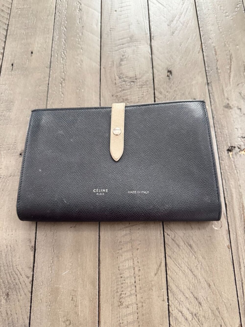 CELINE Leather Large Strap Long Bifold Wallet White Black Two Tone - Picture 1 of 8